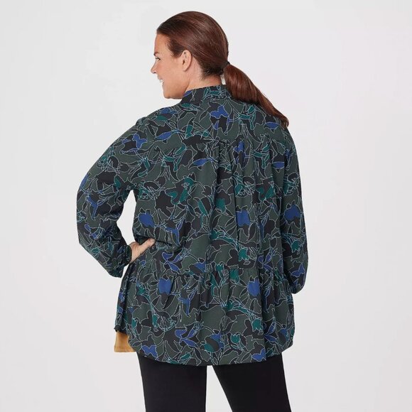 LOGO by Lori Goldstein Large L Green Stretch Woven Button Front Blouse Shirt Top - Picture 2 of 6